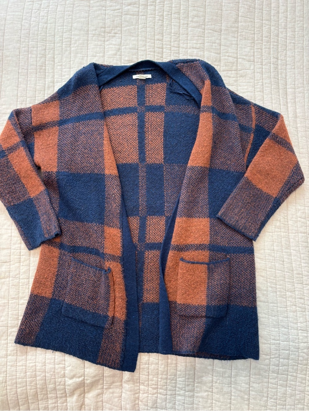 American Eagle Outfitters Navy and Rust Plaid Open-Front Cardigan